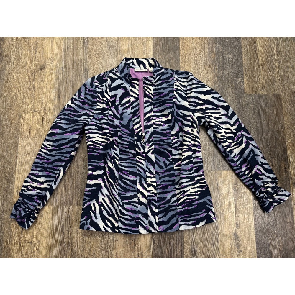 Susan Graver Womens Zebra Print Zip Front Jacket Purple Navy XS Mock Neck Ruched